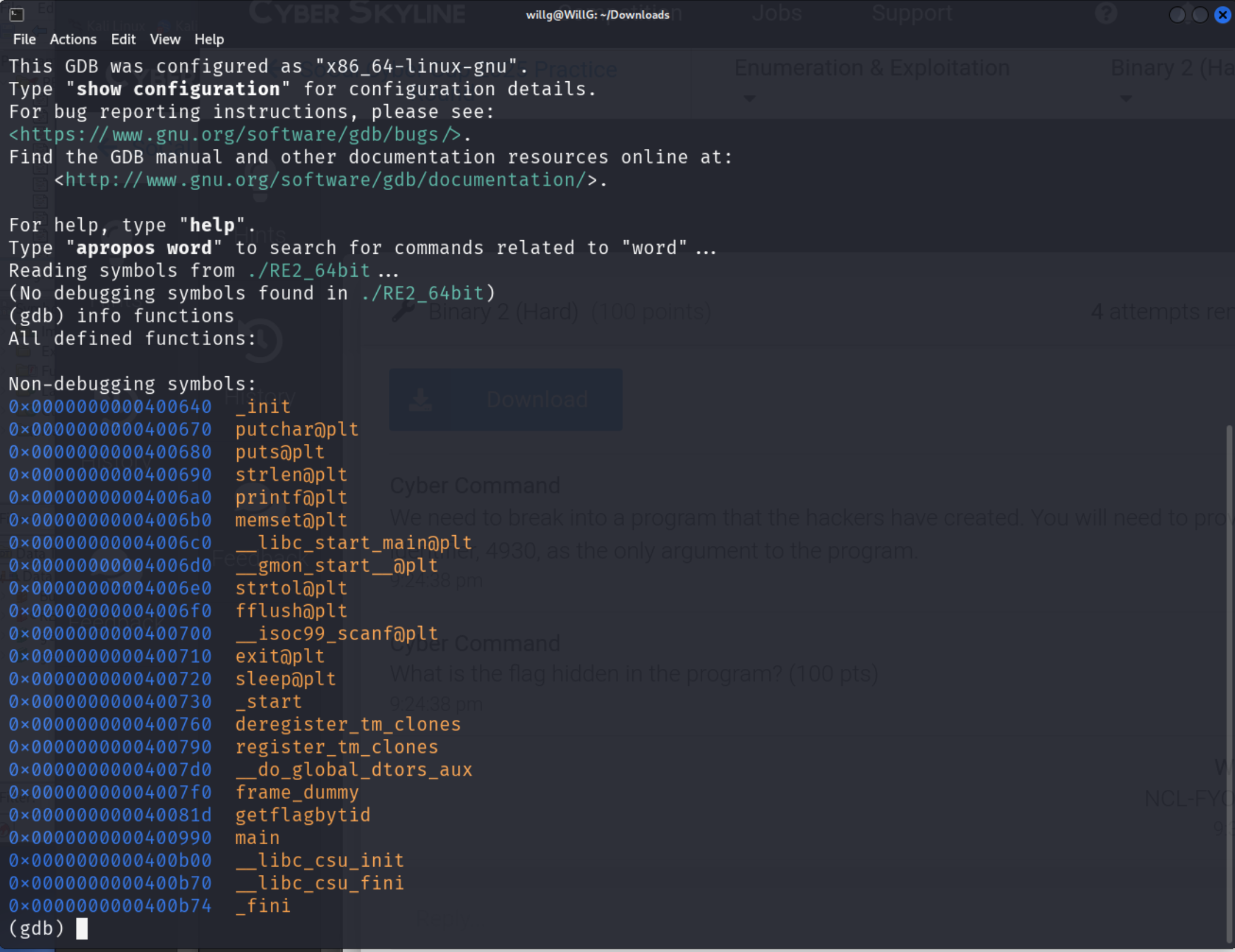 Run `info functions` in gdb
