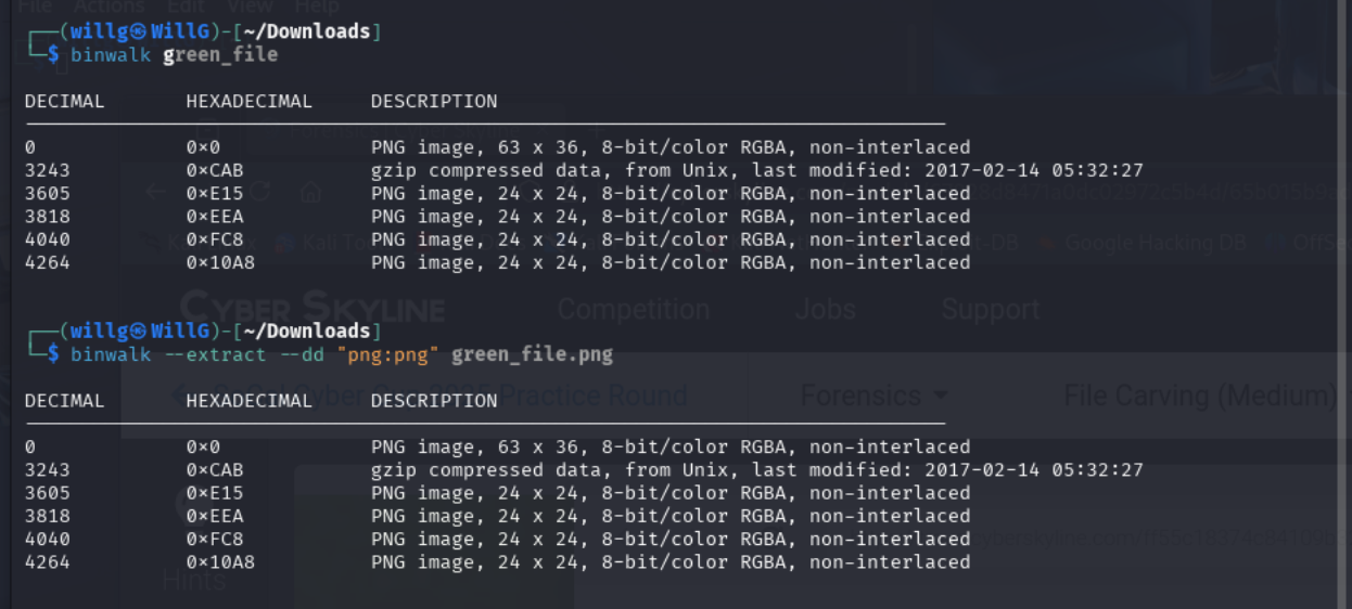 Use binwalk to analyze `green_file` and extract hidden files