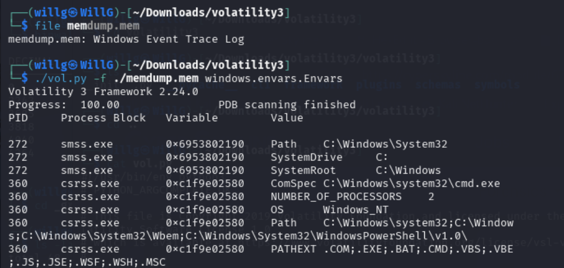 Use volatility3 to analyze `memdump.mem`