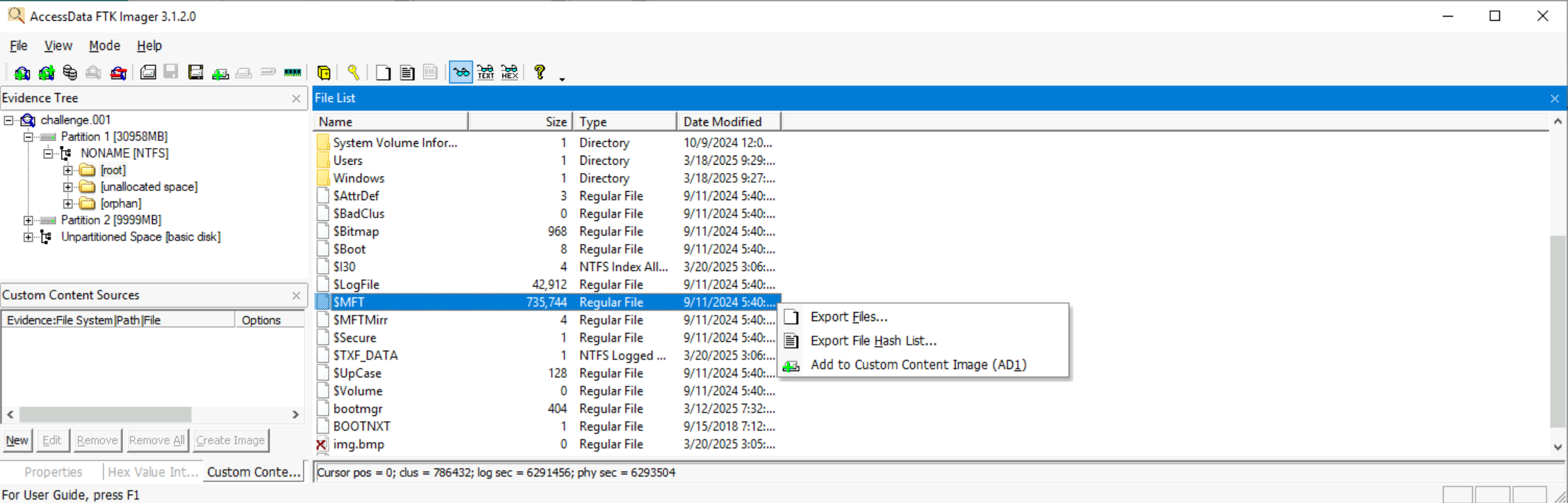 Locate `$MFT` in 'Evidence Tree' and export file