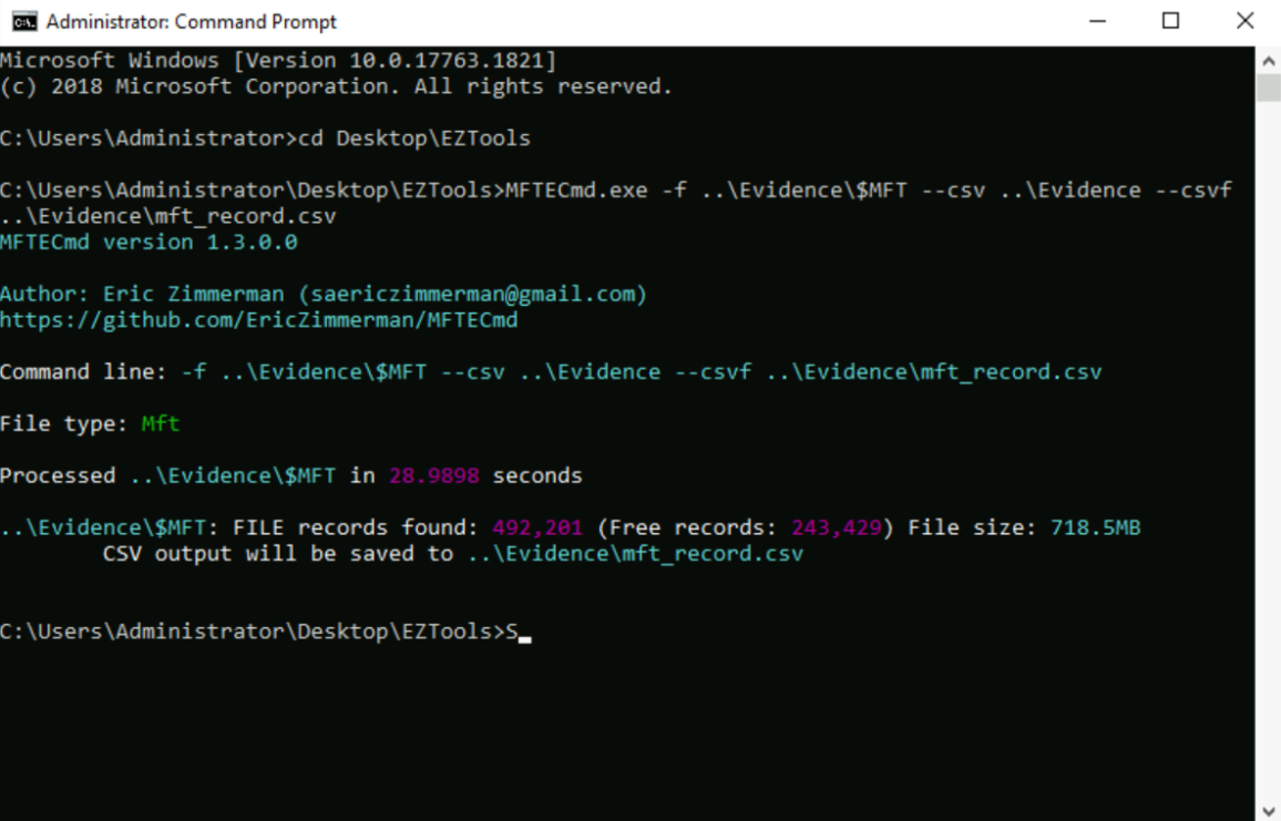 Analyze `$MFT` with MFTECmd.exe