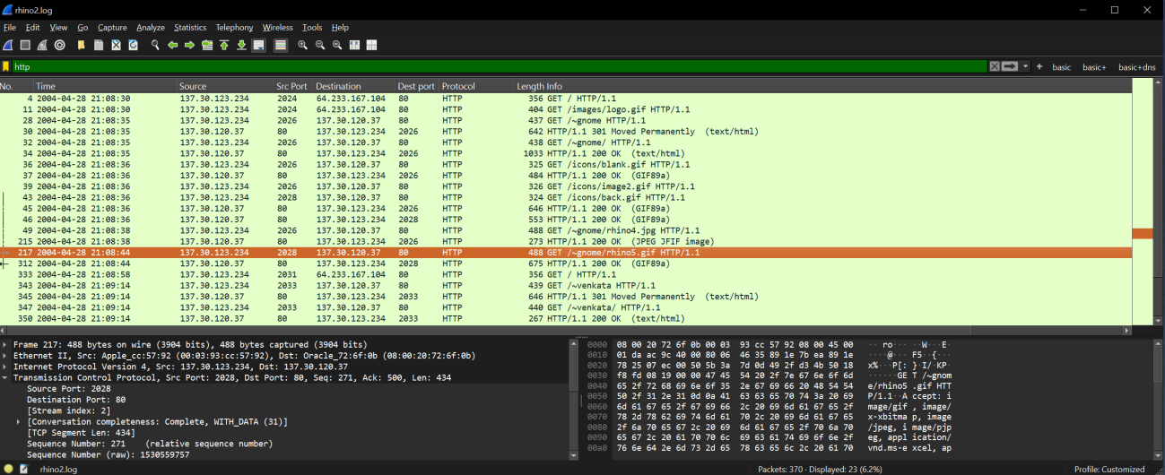 Similarly, `rhino2.log` analyzed using Wireshark